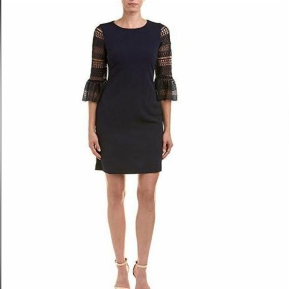 Donna Ricco Navy Dress with Lace Bell 3/4 Sleeves Formal Business Casual Size 12